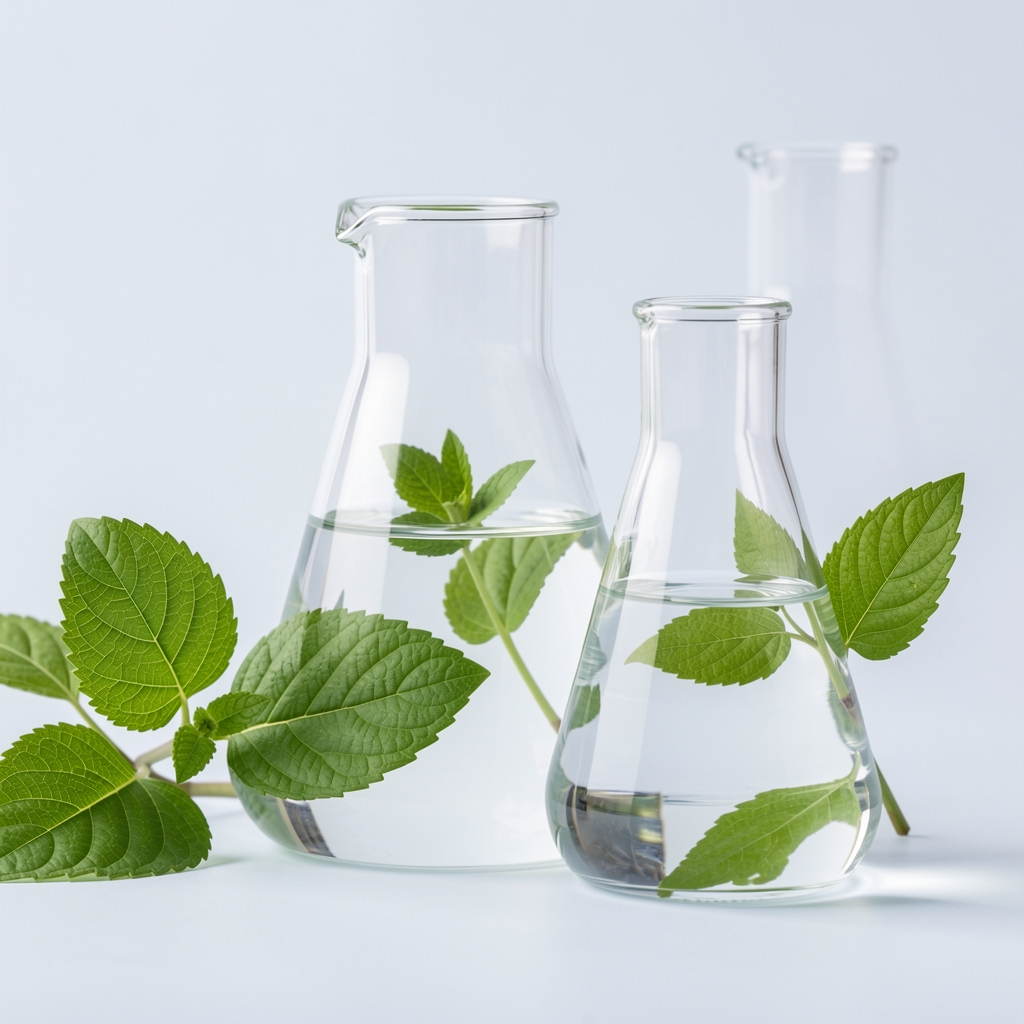 Szklane naczynia laboratoryjne z przezroczystą wodą i zielonymi liśćmi roślin botanicznych na jasnym tle, makrofotografia w stylu editorial, czyste i spokojne kolory