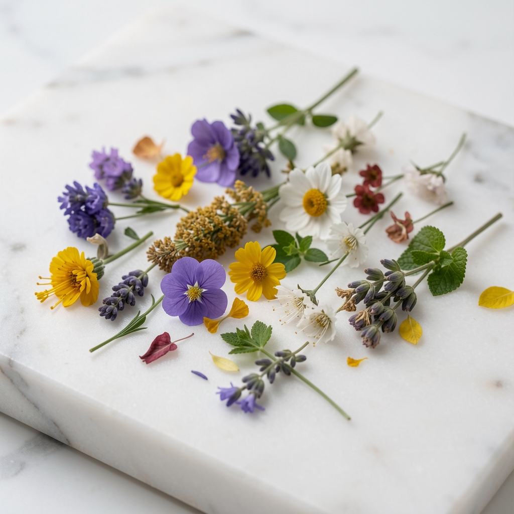 Suszone zioła i kwiaty rozłożone na białym marmurze, makrofotografia botaniczna w stylu editorial, spokojne naturalne kolory